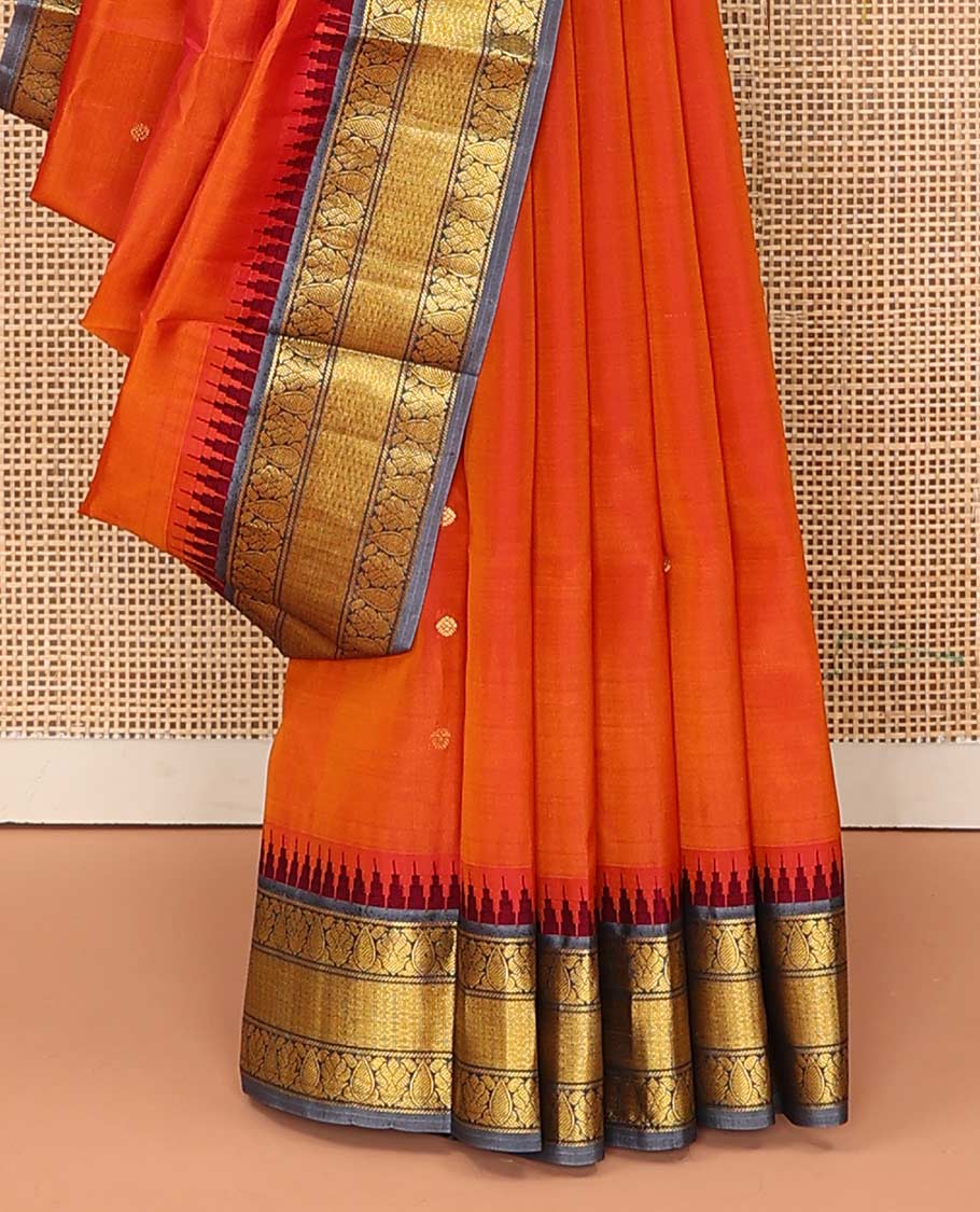 Orange zari buttas Bangalore silk saree, contrast temple traditional zari border, and zari-rich jaal pallu - Image 4