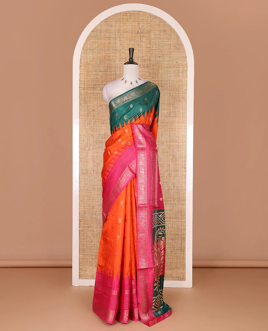 Orange zari buttas dola silk saree, contrast green-pink temple ganga jamuna traditional zari border, paisley pallu, and contrast zari design blouse - Image 2