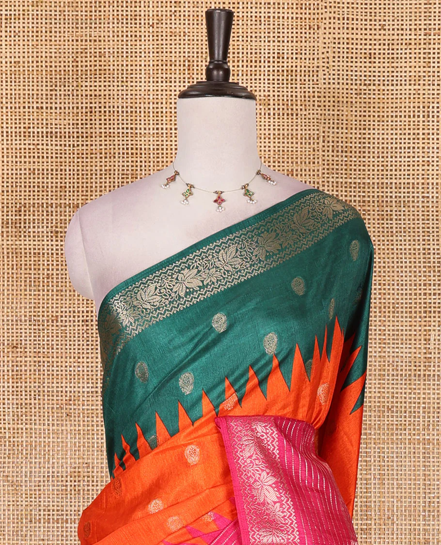 Orange zari buttas dola silk saree, contrast green-pink temple ganga jamuna traditional zari border, paisley pallu, and contrast zari design blouse - Image 3
