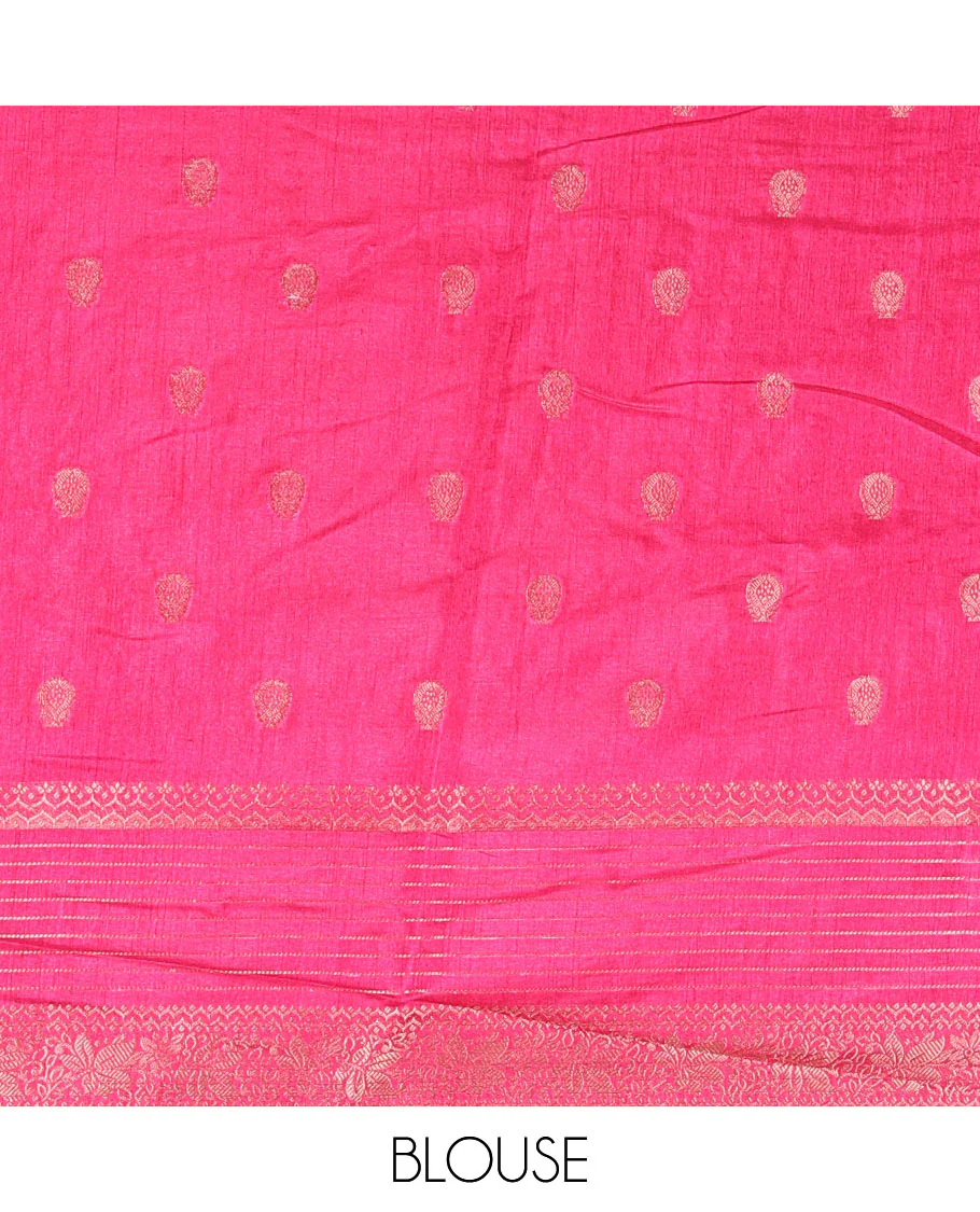 Orange zari buttas dola silk saree, contrast green-pink temple ganga jamuna traditional zari border, paisley pallu, and contrast zari design blouse - Image 4