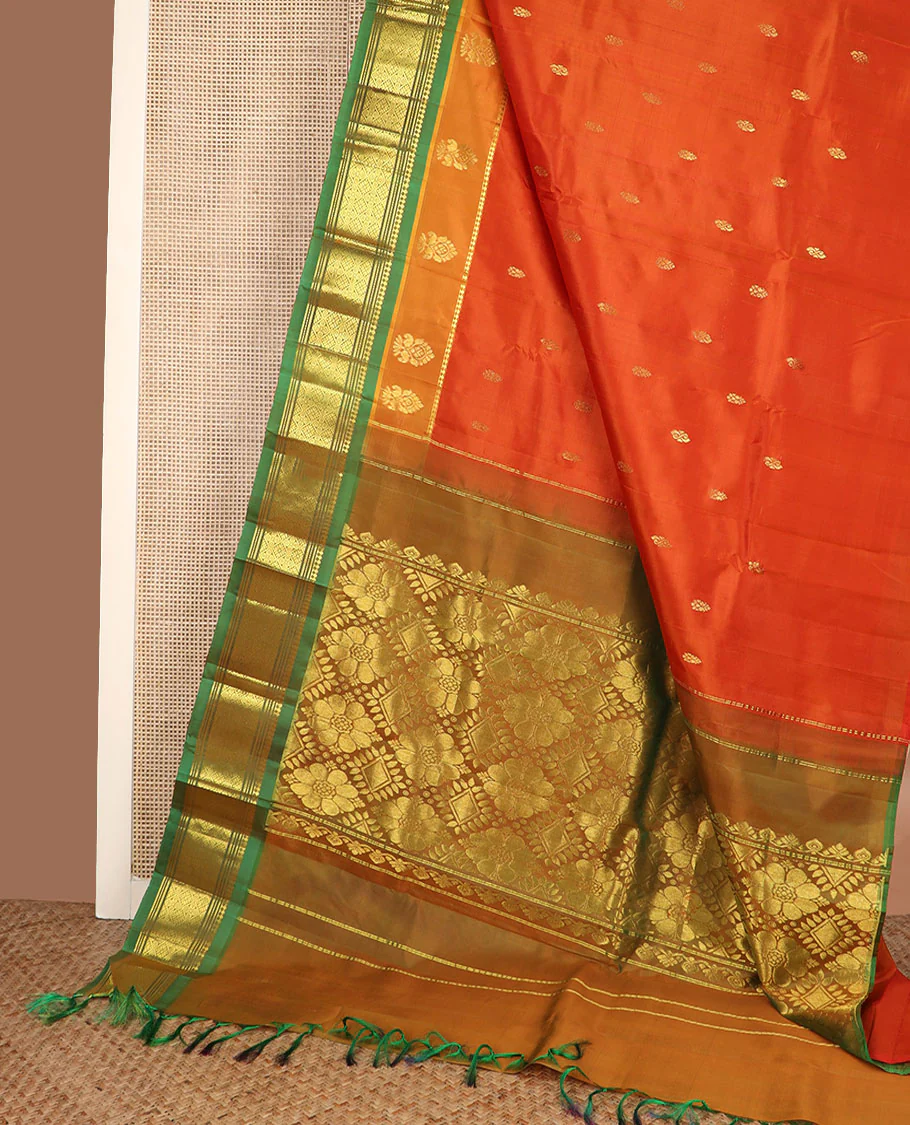 Orange zari buttas Kanchipuram silk saree, contrast border of panner sombu, banaras, muthu & jaal design & pallu of floral & jaal design - Image 3