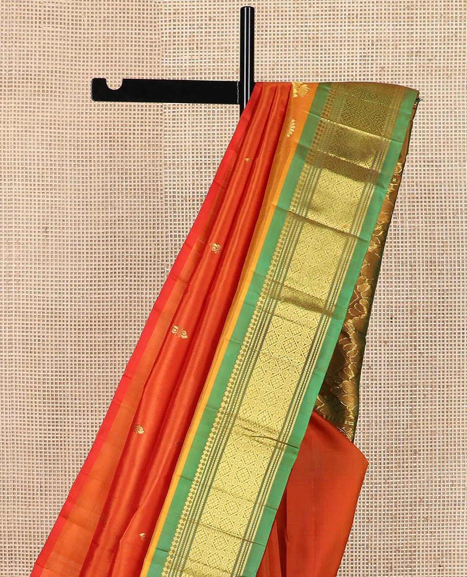 Orange zari buttas Kanchipuram silk saree, contrast border of panner sombu, banaras, muthu & jaal design & pallu of floral & jaal design - Image 4