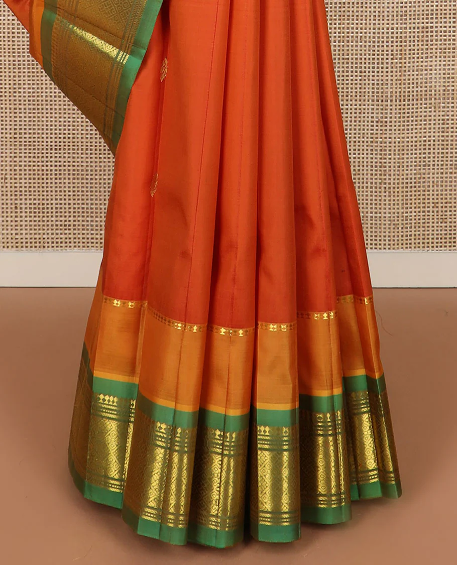 Orange zari buttas Kanchipuram silk saree, contrast border of panner sombu, banaras, muthu & jaal design & pallu of floral & jaal design - Image 5