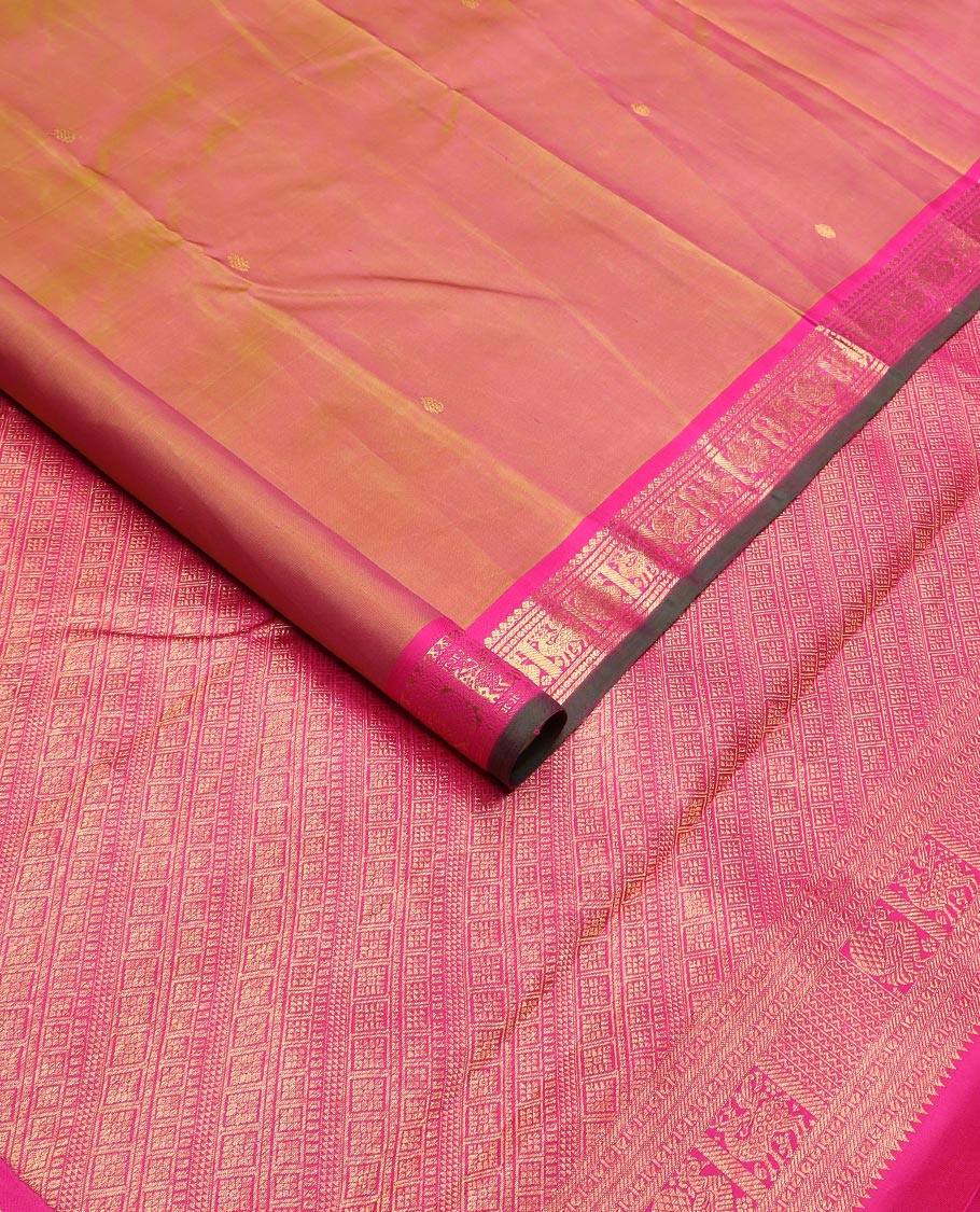 Orange zari buttas Kanchipuram silk saree, contrast border of thilakam mokku, maan, and mayil designs, and intricate pallu - Image 2
