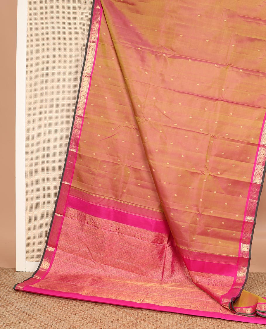 Orange zari buttas Kanchipuram silk saree, contrast border of thilakam mokku, maan, and mayil designs, and intricate pallu - Image 3