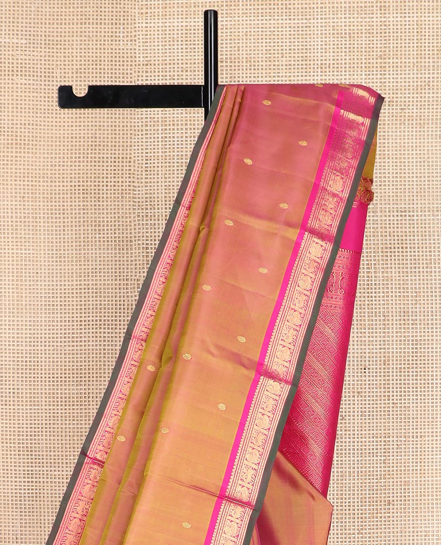 Orange zari buttas Kanchipuram silk saree, contrast border of thilakam mokku, maan, and mayil designs, and intricate pallu - Image 4