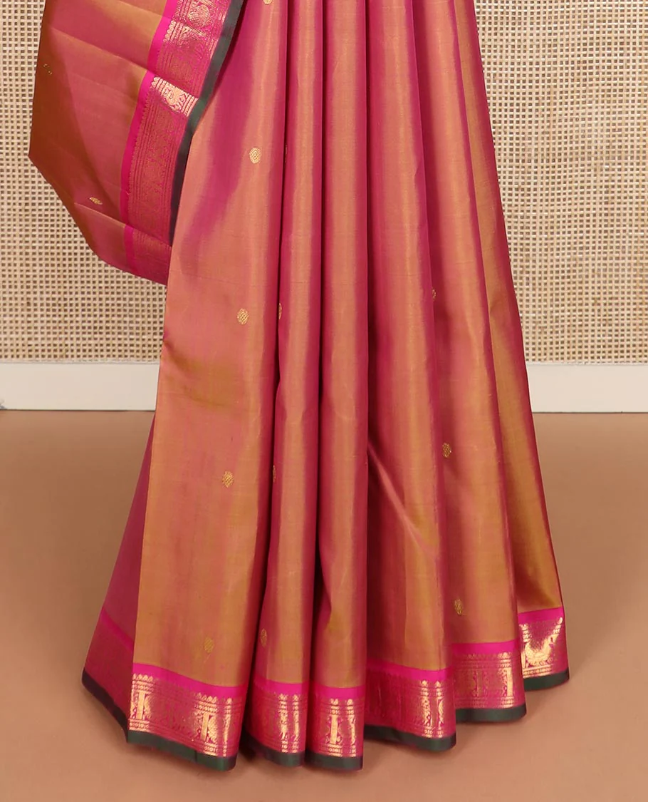 Orange zari buttas Kanchipuram silk saree, contrast border of thilakam mokku, maan, and mayil designs, and intricate pallu - Image 5