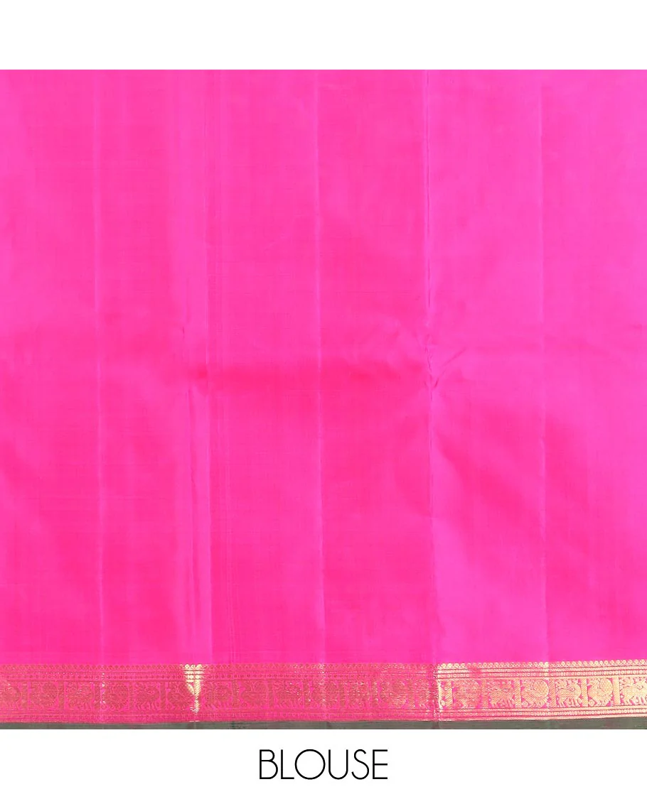 Orange zari buttas Kanchipuram silk saree, contrast border of thilakam mokku, maan, and mayil designs, and intricate pallu - Image 6