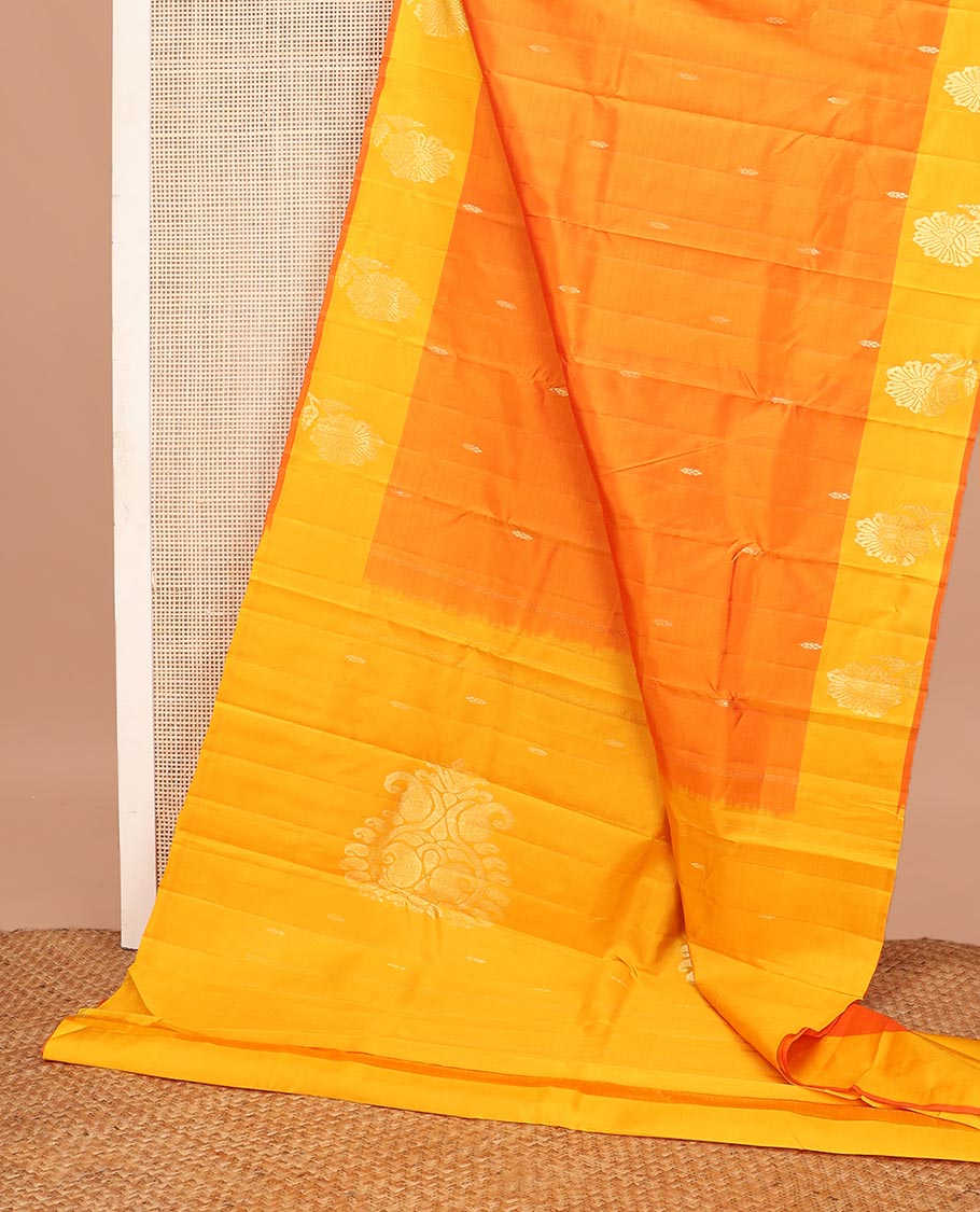 Orange zari buttas Kanchipuram silk saree, contrast floral design border, and pallu of manga designs - Image 3
