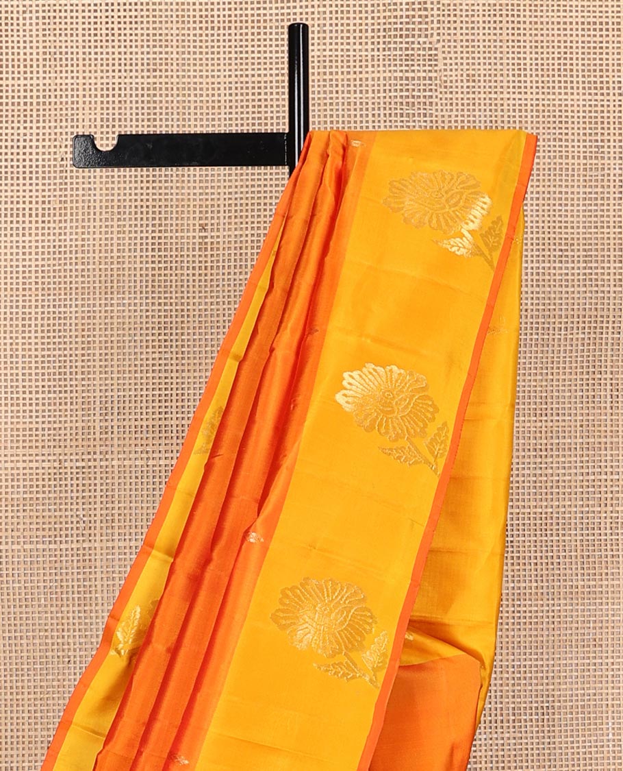 Orange zari buttas Kanchipuram silk saree, contrast floral design border, and pallu of manga designs - Image 4