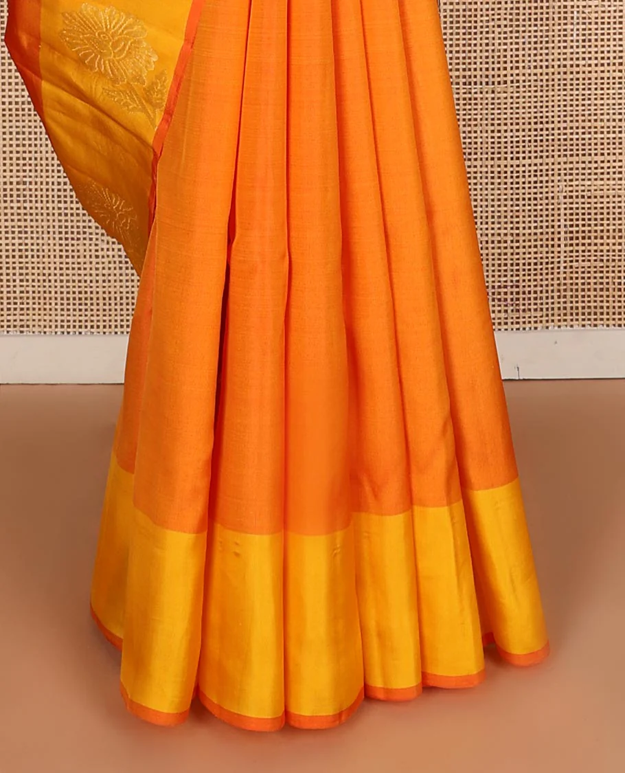 Orange zari buttas Kanchipuram silk saree, contrast floral design border, and pallu of manga designs - Image 5