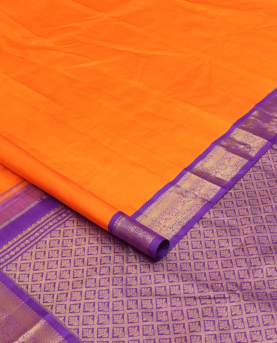 Orange zari buttas Kanchipuram silk saree, contrast korvai border of manga mokku, muthu, diamond, lavangam, and mayil design, and jaal pallu - Image 2