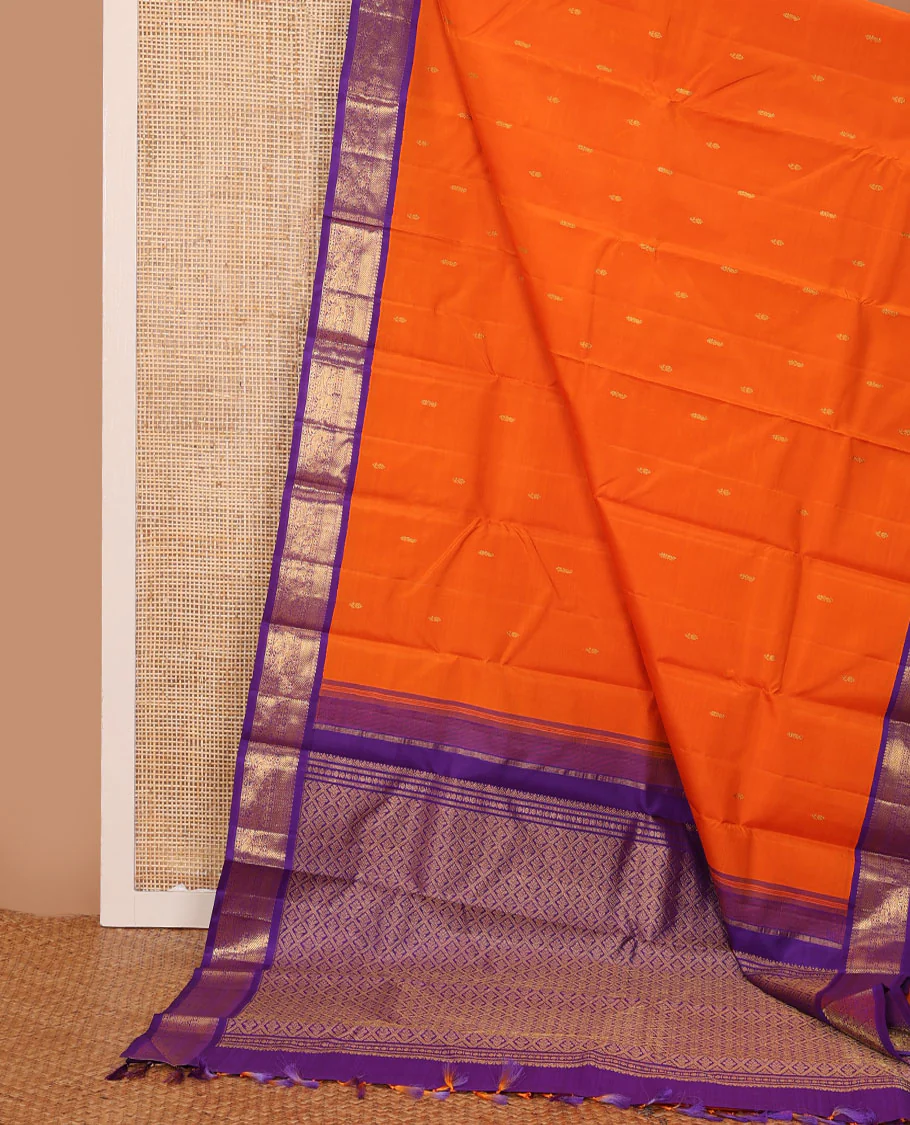 Orange zari buttas Kanchipuram silk saree, contrast korvai border of manga mokku, muthu, diamond, lavangam, and mayil design, and jaal pallu - Image 3