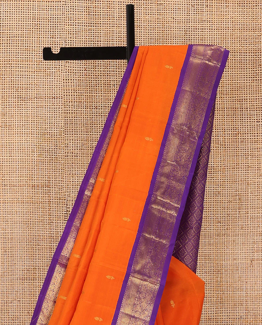 Orange zari buttas Kanchipuram silk saree, contrast korvai border of manga mokku, muthu, diamond, lavangam, and mayil design, and jaal pallu - Image 4