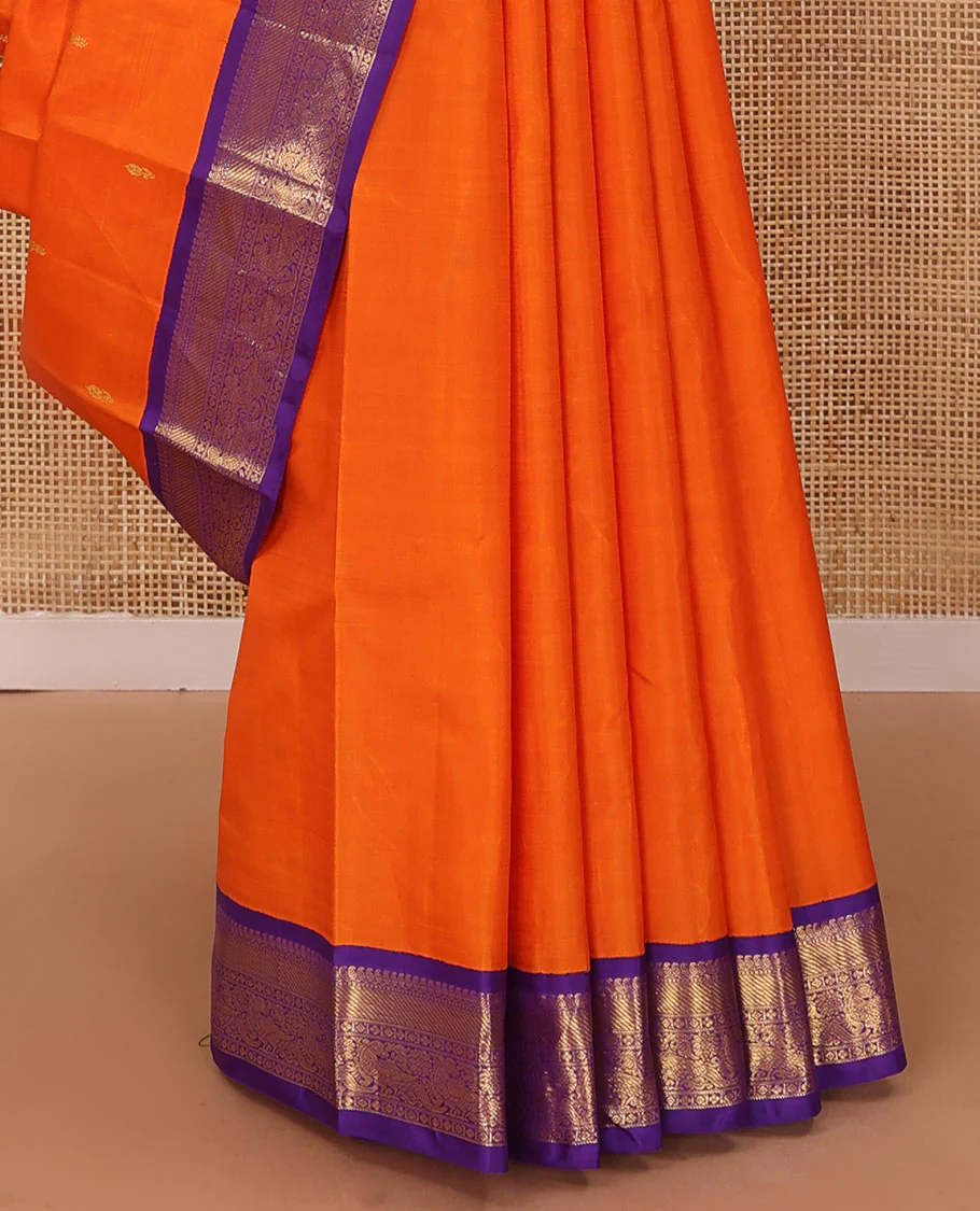 Orange zari buttas Kanchipuram silk saree, contrast korvai border of manga mokku, muthu, diamond, lavangam, and mayil design, and jaal pallu - Image 5