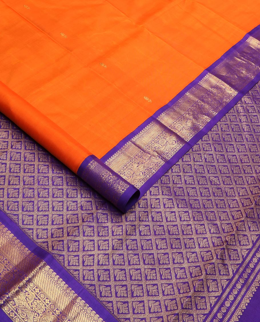 Orange zari buttas Kanchipuram silk saree, contrast korvai border of manga mokku, muthu, zari stripes, and kili motifs, and jaal pallu - Image 2