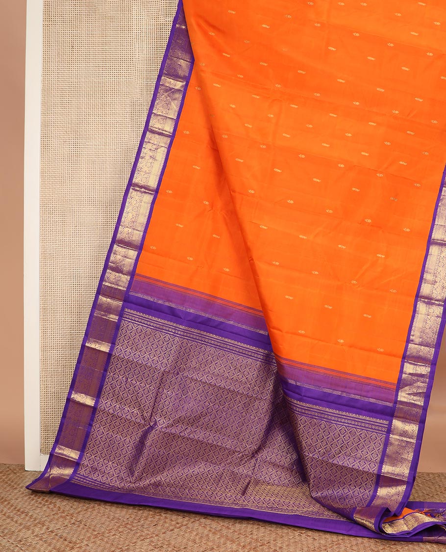 Orange zari buttas Kanchipuram silk saree, contrast korvai border of manga mokku, muthu, zari stripes, and kili motifs, and jaal pallu - Image 3