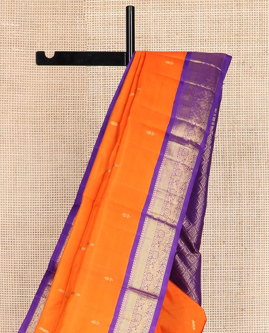 Orange zari buttas Kanchipuram silk saree, contrast korvai border of manga mokku, muthu, zari stripes, and kili motifs, and jaal pallu - Image 4