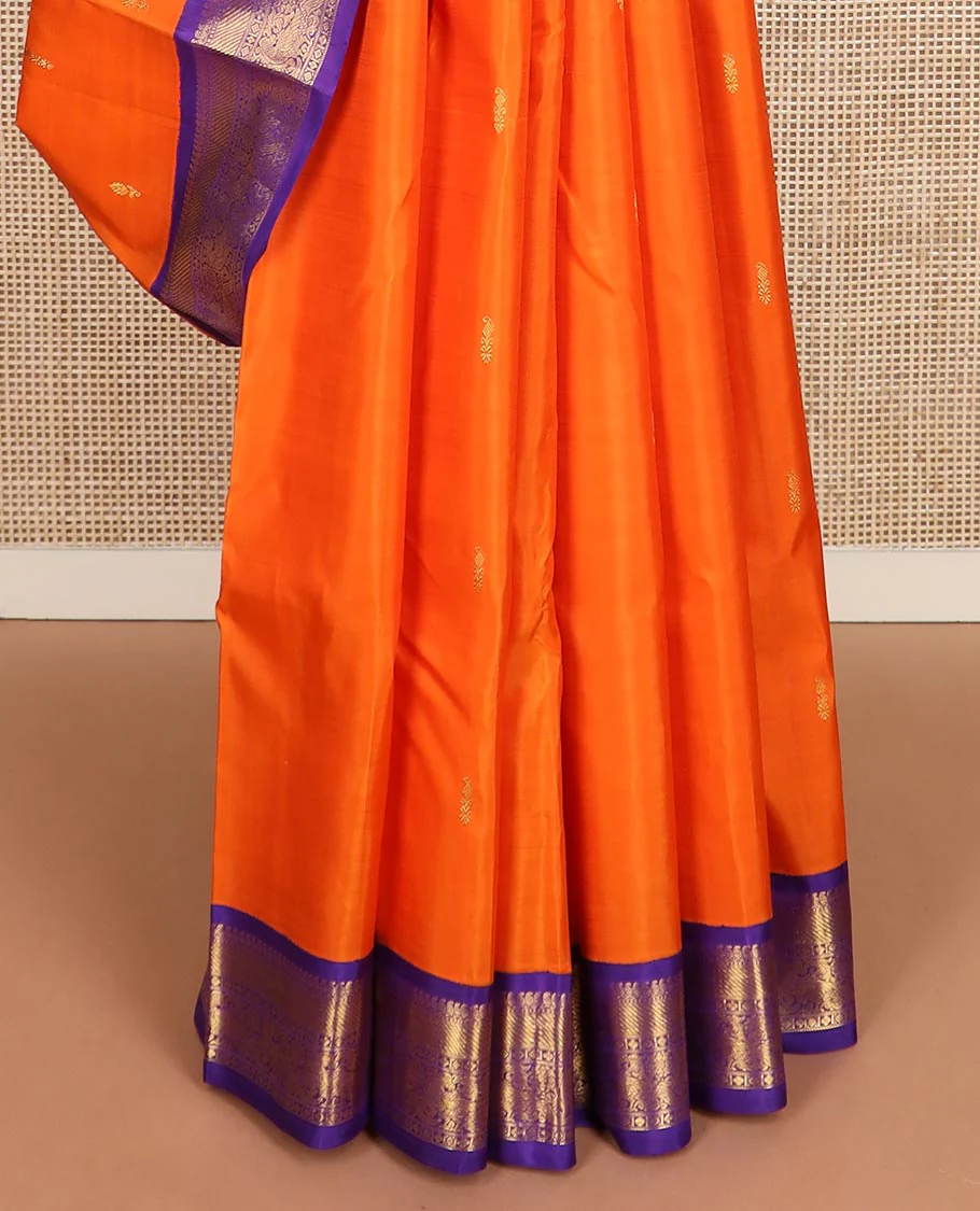 Orange zari buttas Kanchipuram silk saree, contrast korvai border of manga mokku, muthu, zari stripes, and kili motifs, and jaal pallu - Image 5