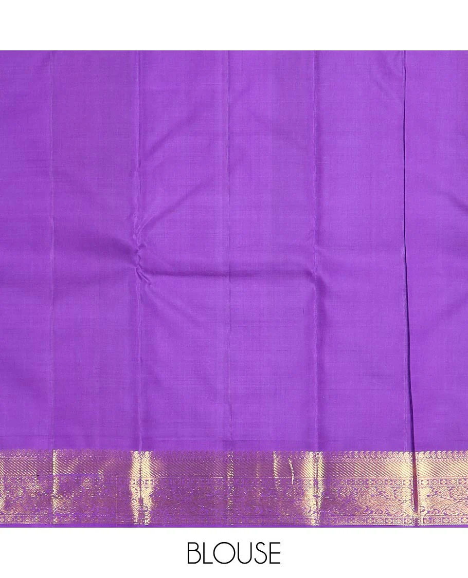 Orange zari buttas Kanchipuram silk saree, contrast korvai border of manga mokku, muthu, zari stripes, and kili motifs, and jaal pallu - Image 6