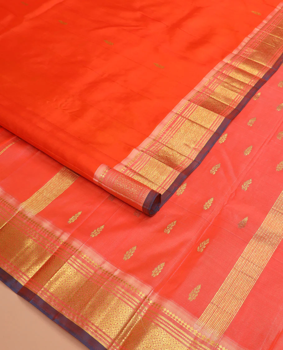 Orange zari buttas Kanchipuram silk saree, contrast one-sided border of paneer sombu, banaras, muthu, and jaal designs, and  zari design pallu - Image 2