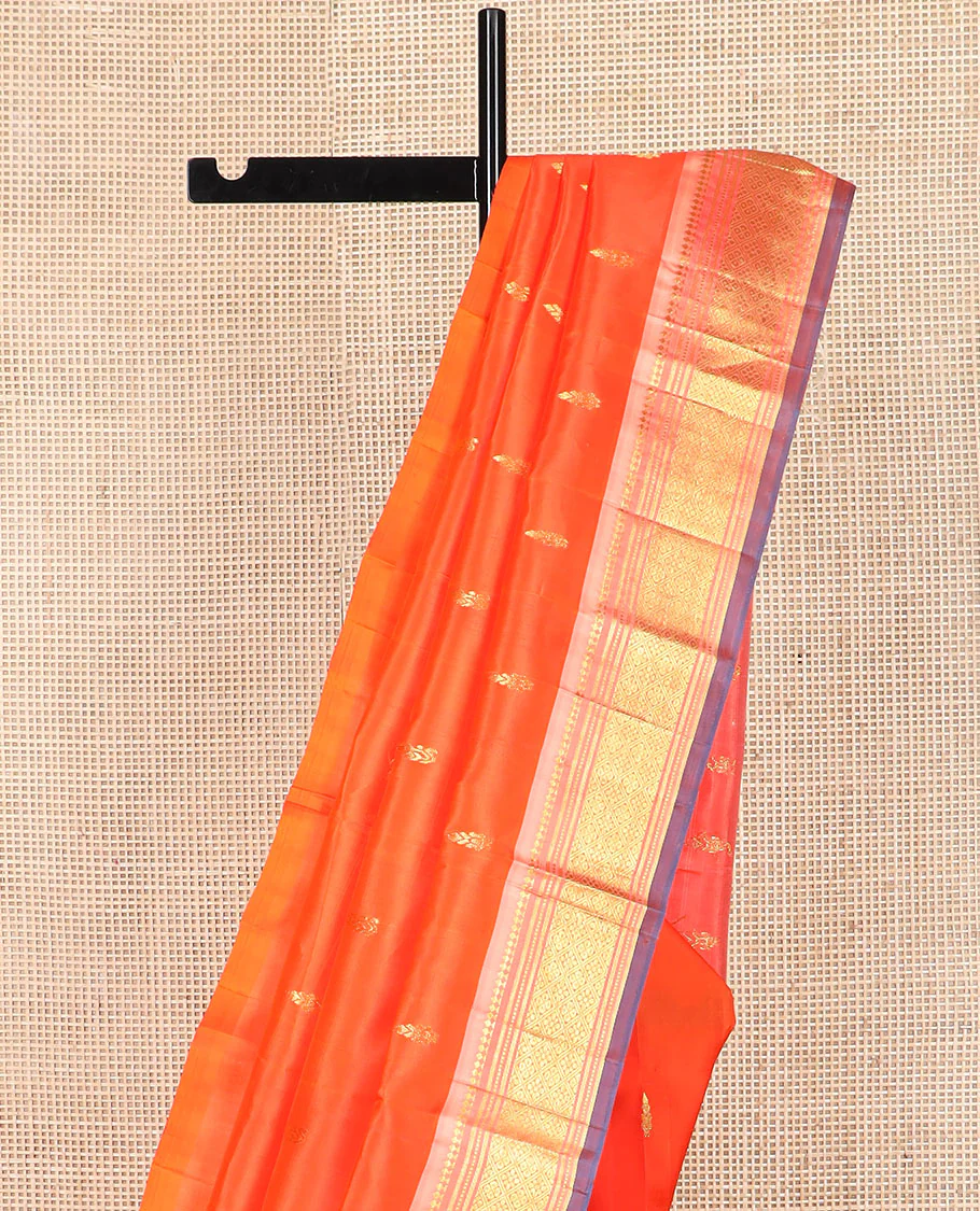 Orange zari buttas Kanchipuram silk saree, contrast one-sided border of paneer sombu, banaras, muthu, and jaal designs, and  zari design pallu - Image 3