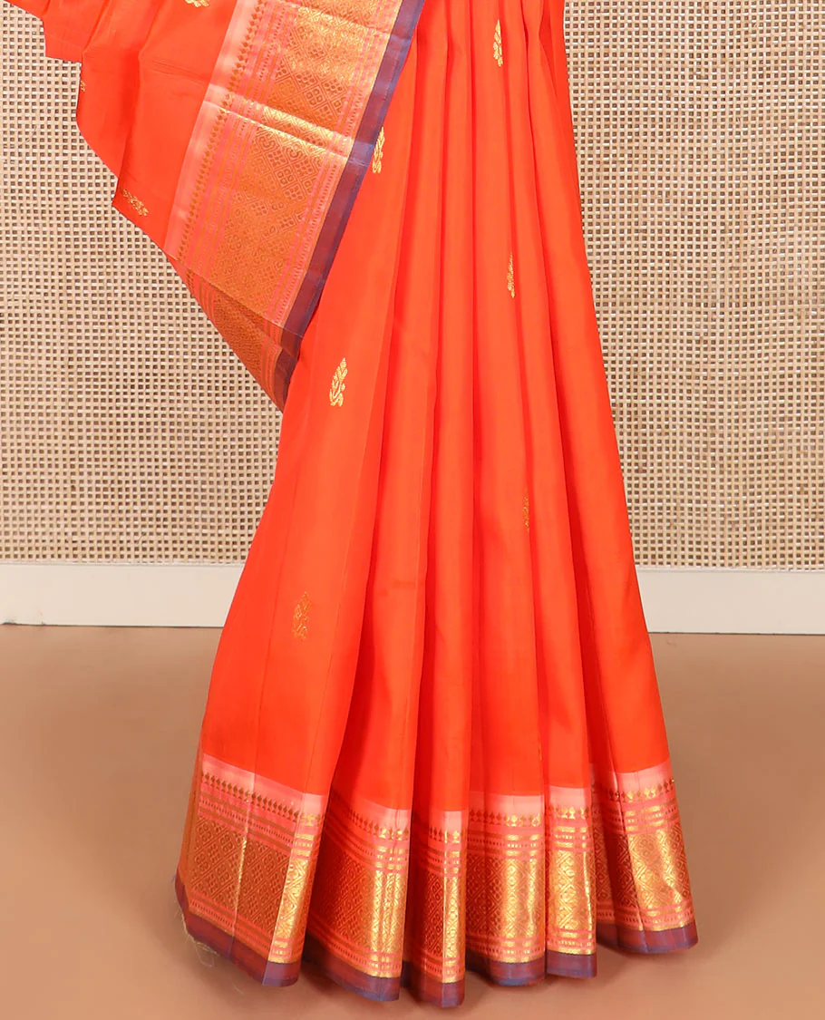 Orange zari buttas Kanchipuram silk saree, contrast one-sided border of paneer sombu, banaras, muthu, and jaal designs, and  zari design pallu - Image 4