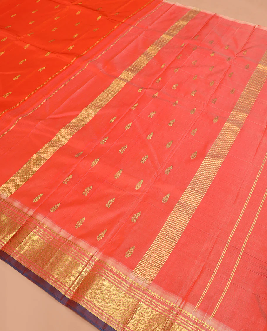 Orange zari buttas Kanchipuram silk saree, contrast one-sided border of paneer sombu, banaras, muthu, and jaal designs, and  zari design pallu - Image 5