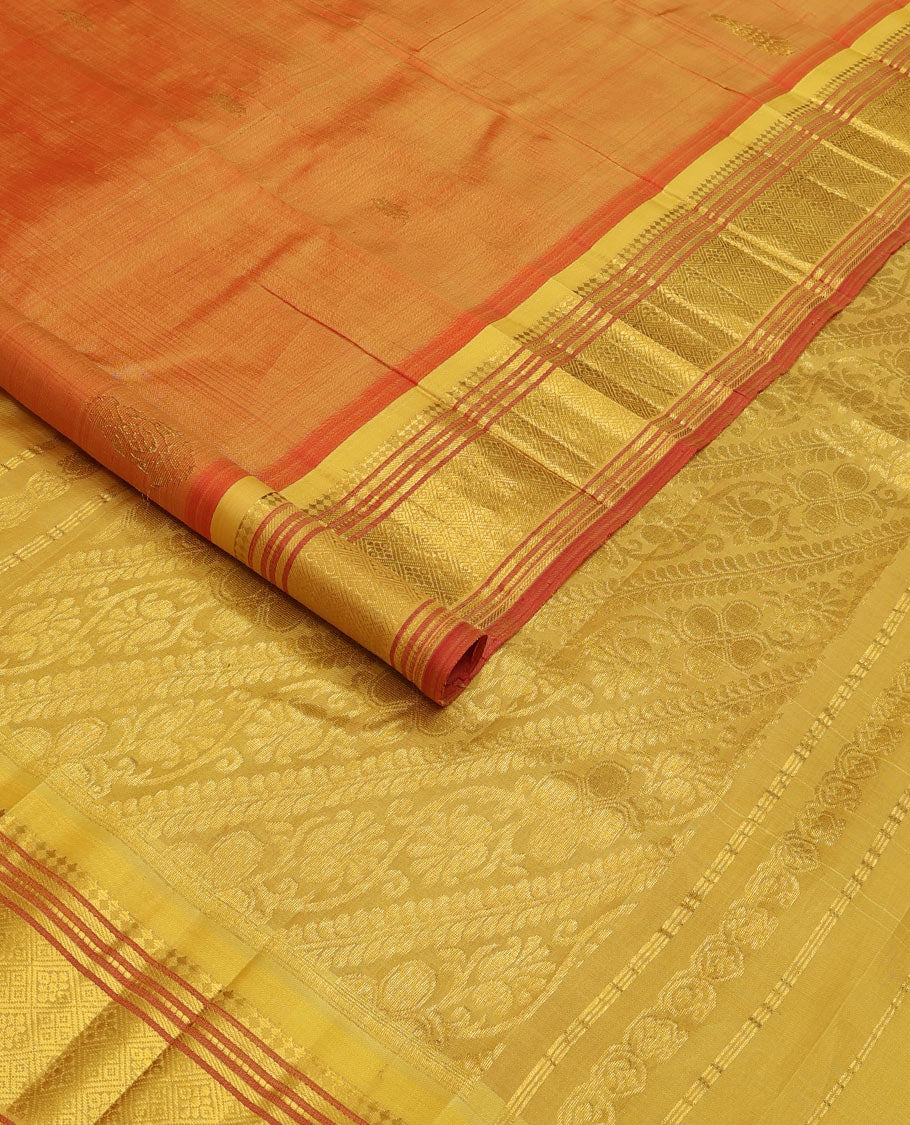 Orange zari buttas Kanchipuram silk saree, contrast one-sided border of panner sombu, muthu, banaras, and jaal, and floral creeper pallu - Image 2