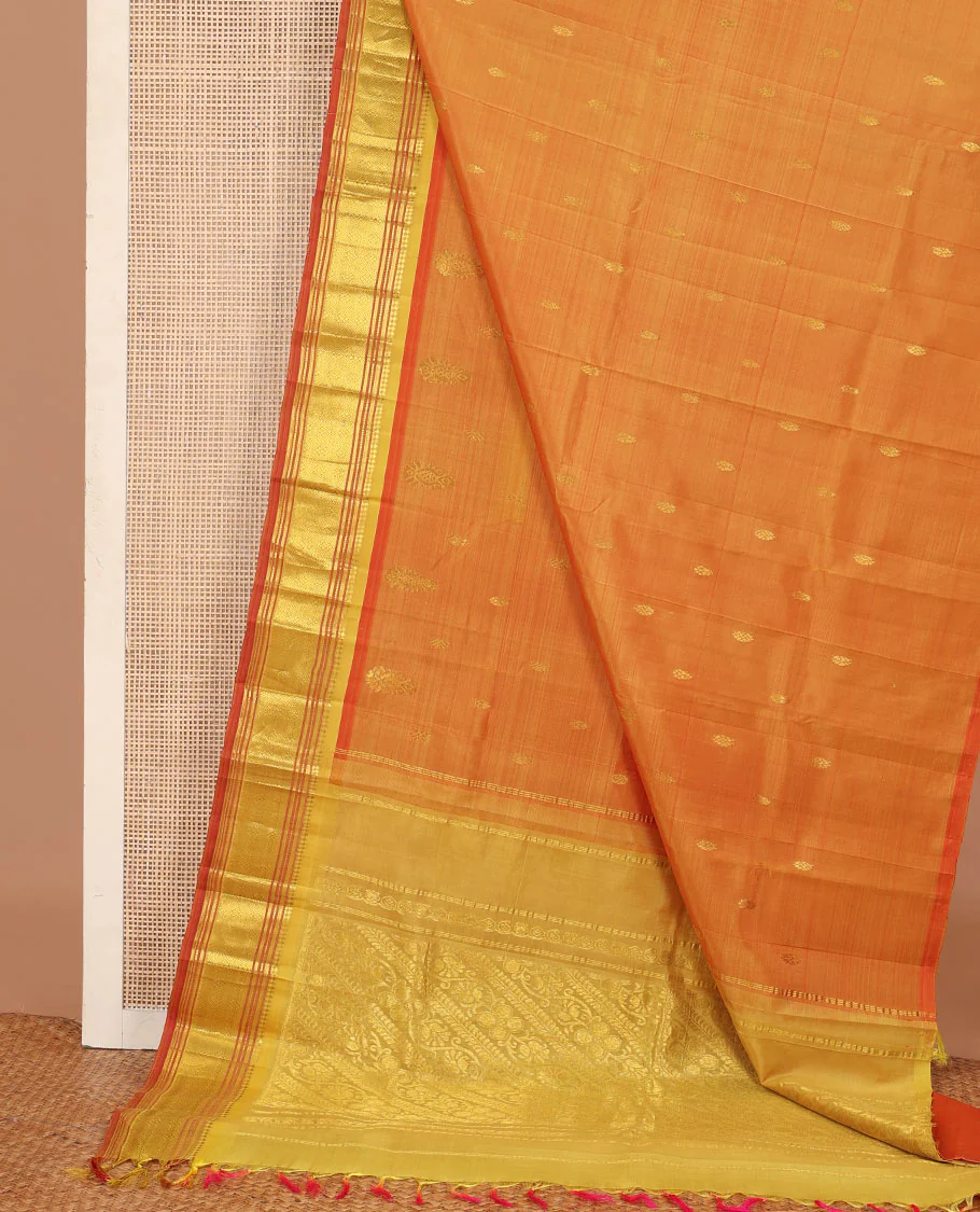 Orange zari buttas Kanchipuram silk saree, contrast one-sided border of panner sombu, muthu, banaras, and jaal, and floral creeper pallu - Image 3