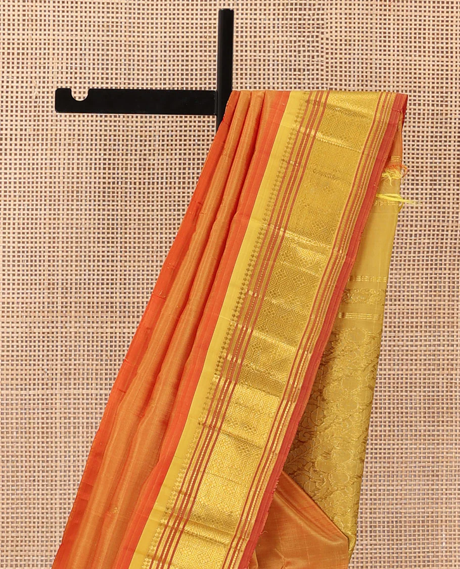 Orange zari buttas Kanchipuram silk saree, contrast one-sided border of panner sombu, muthu, banaras, and jaal, and floral creeper pallu - Image 4
