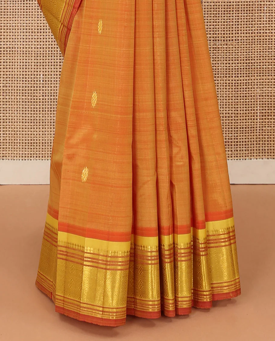 Orange zari buttas Kanchipuram silk saree, contrast one-sided border of panner sombu, muthu, banaras, and jaal, and floral creeper pallu - Image 5
