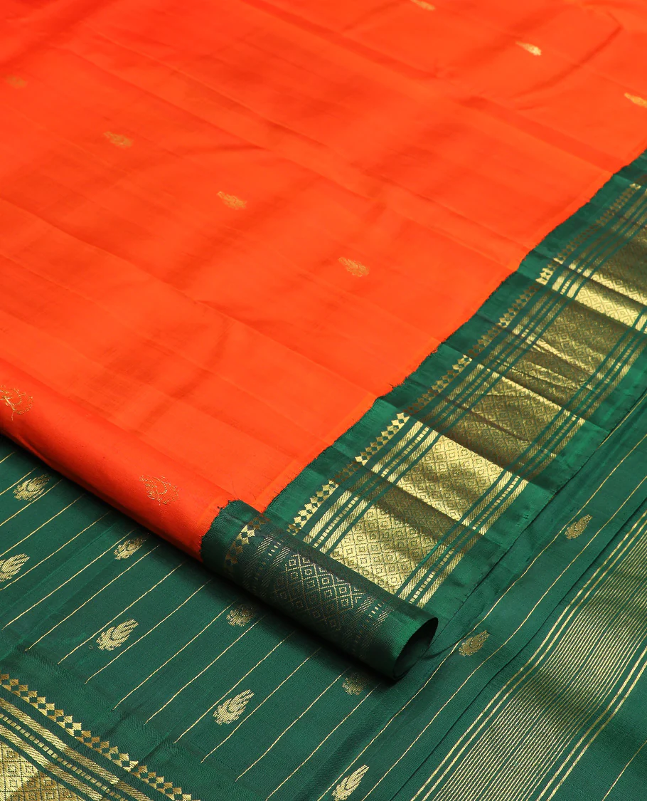 Orange zari buttas Kanchipuram silk saree, contrast one-sided korvai border of paneer sombu, banaras, muthu, and mayil kann, and zari design pallu - Image 2
