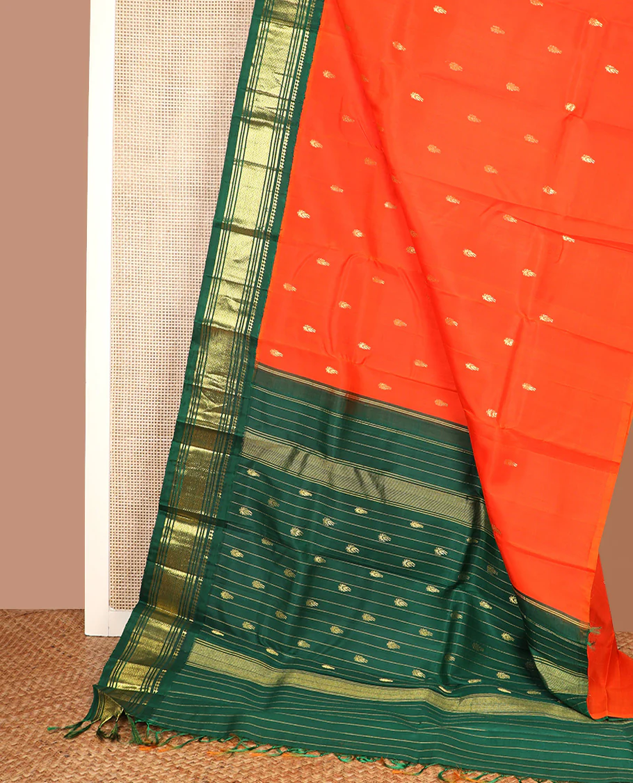 Orange zari buttas Kanchipuram silk saree, contrast one-sided korvai border of paneer sombu, banaras, muthu, and mayil kann, and zari design pallu - Image 3