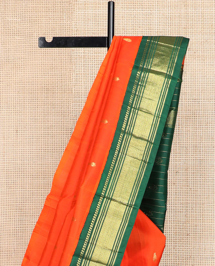 Orange zari buttas Kanchipuram silk saree, contrast one-sided korvai border of paneer sombu, banaras, muthu, and mayil kann, and zari design pallu - Image 4