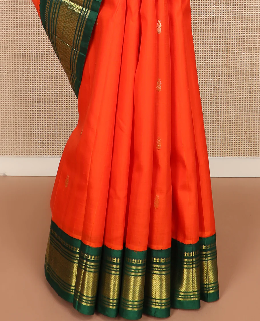 Orange zari buttas Kanchipuram silk saree, contrast one-sided korvai border of paneer sombu, banaras, muthu, and mayil kann, and zari design pallu - Image 5