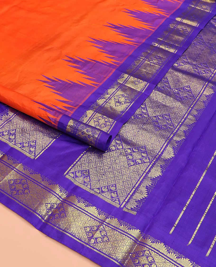 Orange zari buttas Kanchipuram silk saree, contrast thazampoo rekku border, and pallu of intricate zari designs - Image 2