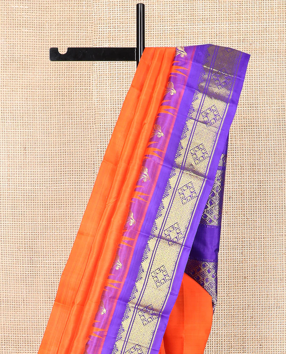 Orange zari buttas Kanchipuram silk saree, contrast thazampoo rekku border, and pallu of intricate zari designs - Image 3