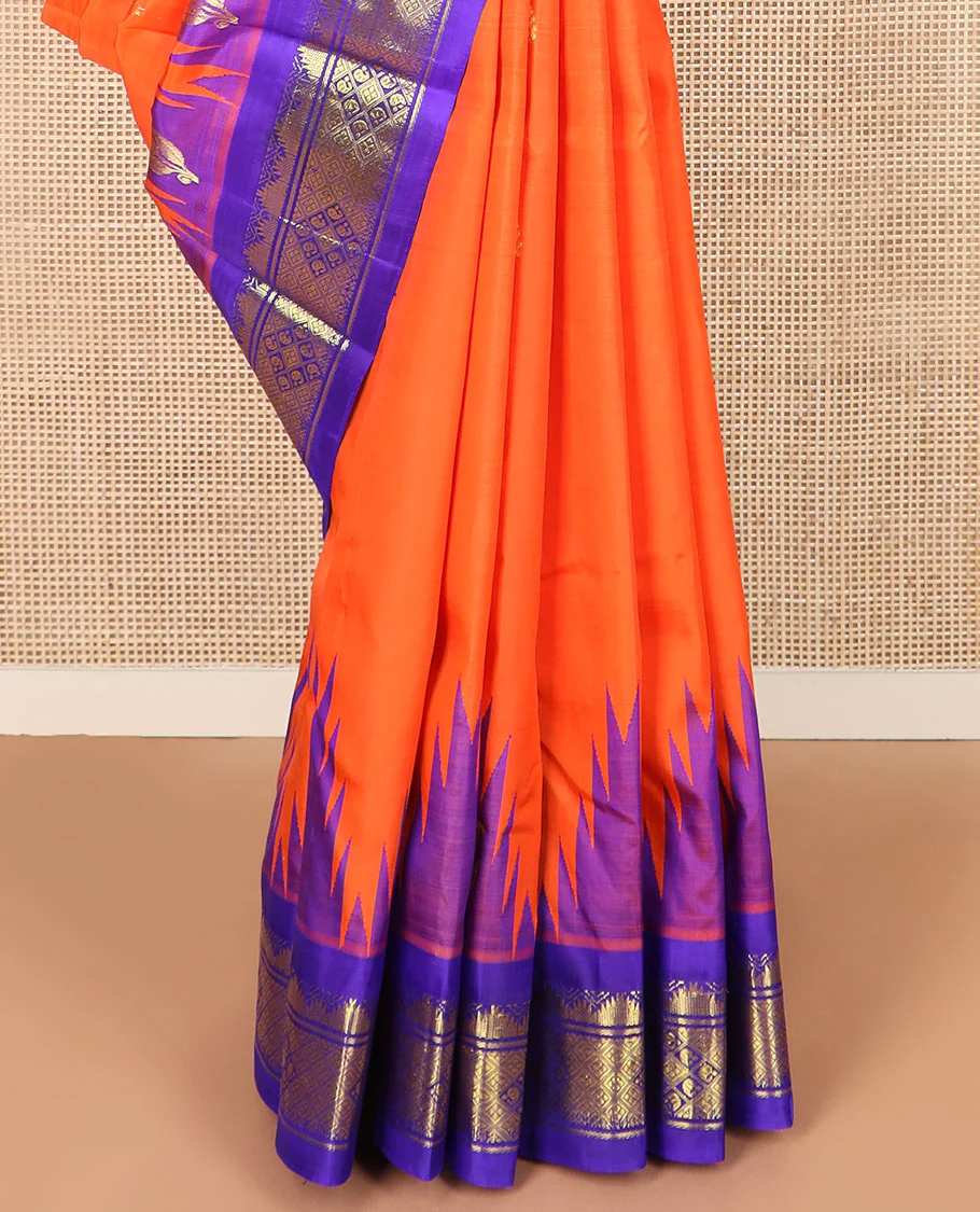 Orange zari buttas Kanchipuram silk saree, contrast thazampoo rekku border, and pallu of intricate zari designs - Image 4