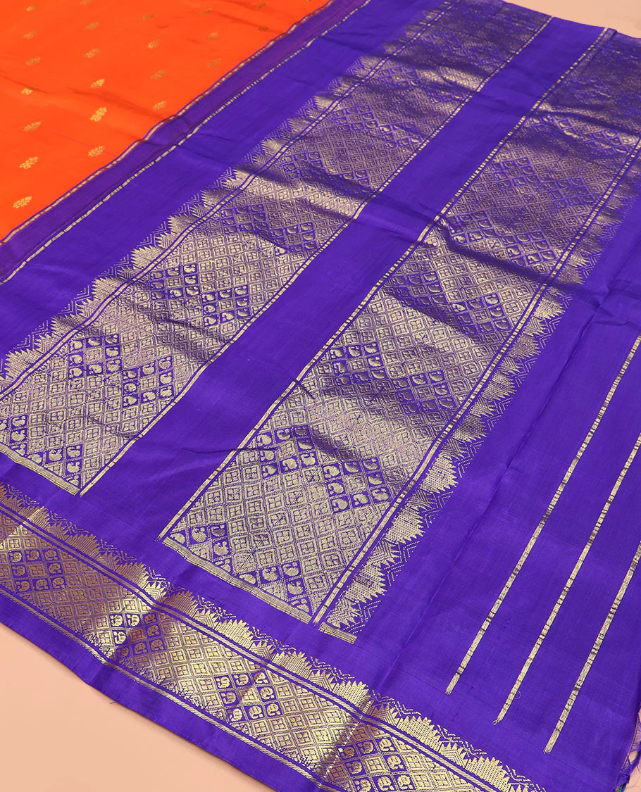 Orange zari buttas Kanchipuram silk saree, contrast thazampoo rekku border, and pallu of intricate zari designs - Image 5