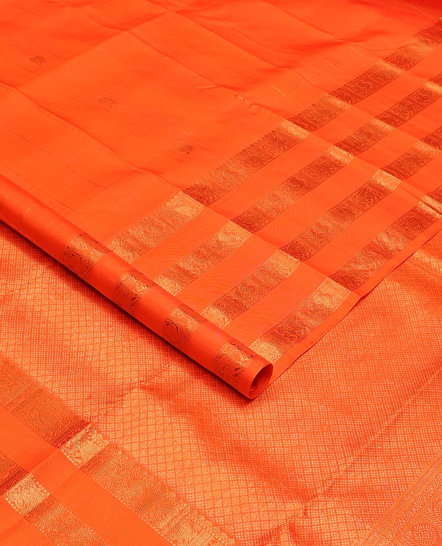 Orange zari buttas Kanchipuram silks saree, zari border of thilakam, muthu, yaanai, mayil, and kuthirai, and jaal pallu - Image 2