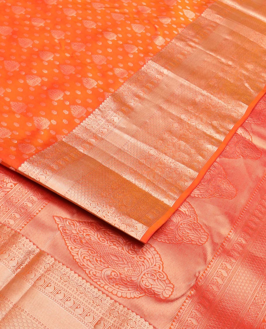 Orange zari buttas Kanchipuram wedding silk saree, zari border of thilakam mokku, chakram, kathir, manga, kuyil kann, jaal ,and zari designs, and intricate pallu - Image 2