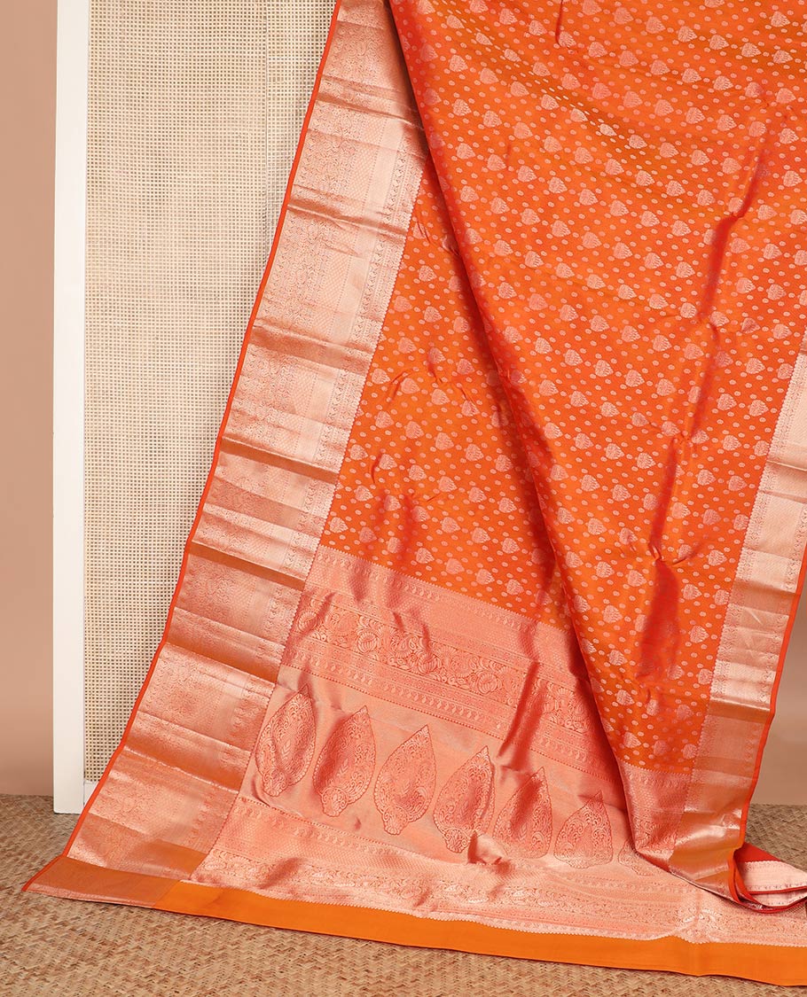 Orange zari buttas Kanchipuram wedding silk saree, zari border of thilakam mokku, chakram, kathir, manga, kuyil kann, jaal ,and zari designs, and intricate pallu - Image 3