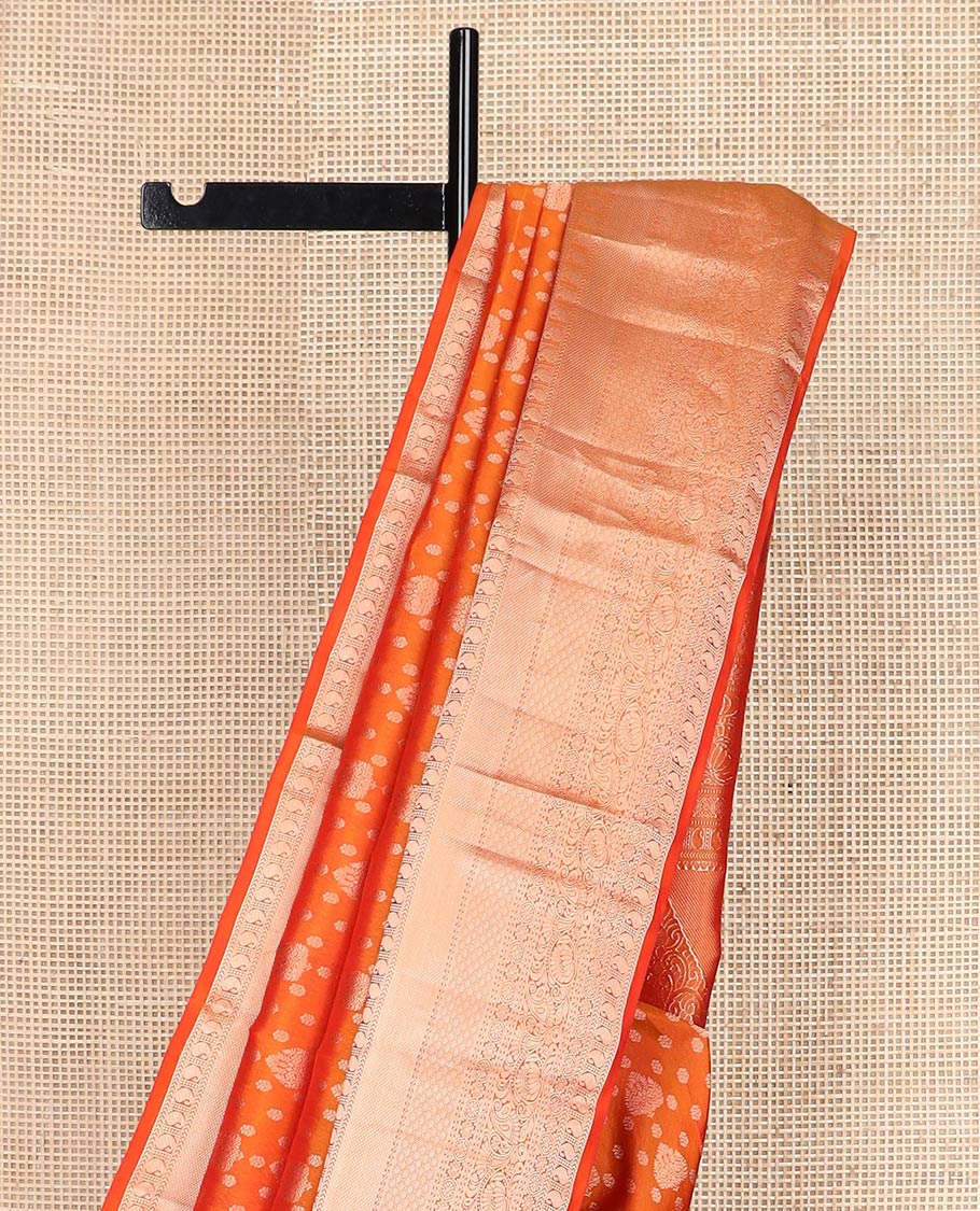 Orange zari buttas Kanchipuram wedding silk saree, zari border of thilakam mokku, chakram, kathir, manga, kuyil kann, jaal ,and zari designs, and intricate pallu - Image 4