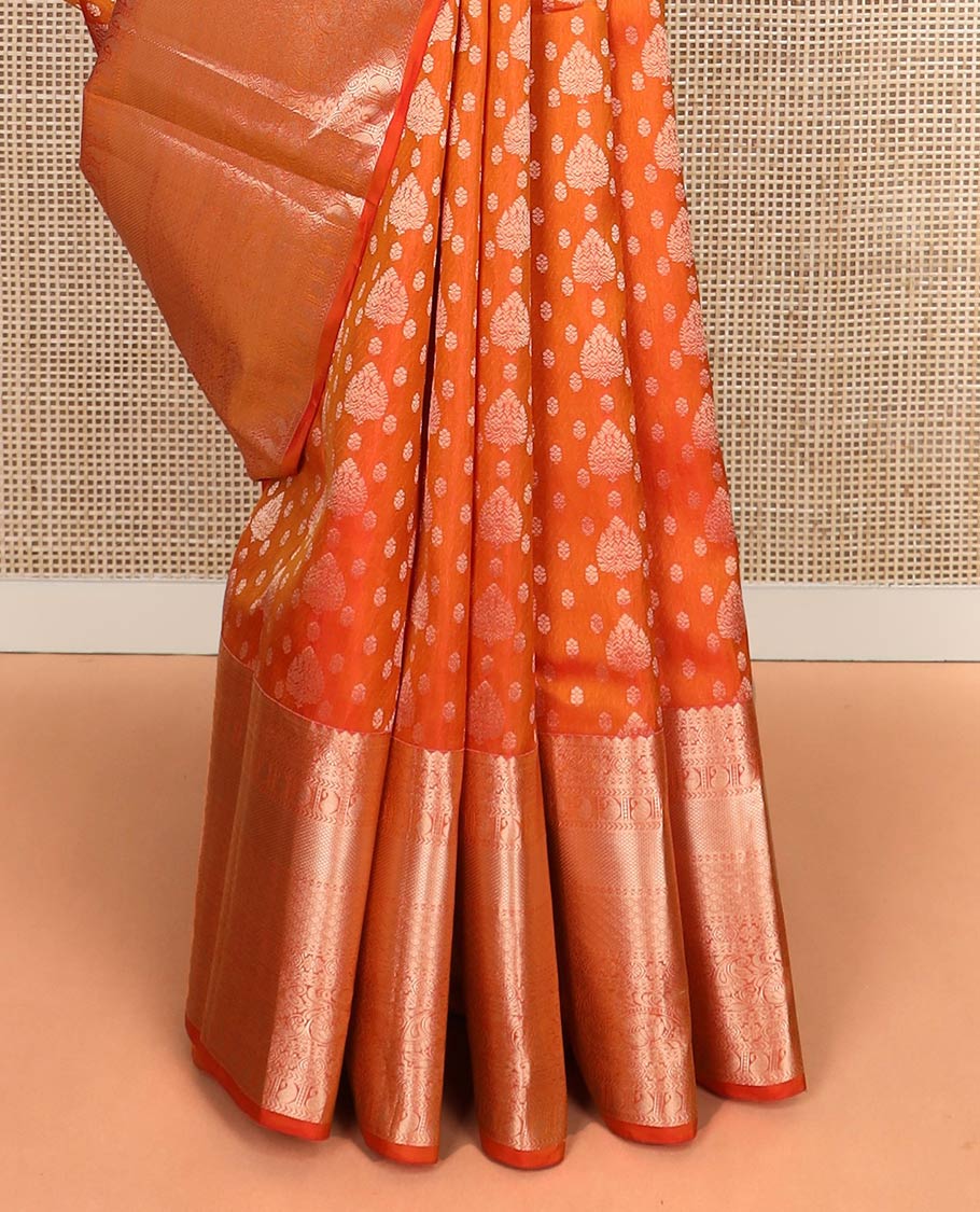Orange zari buttas Kanchipuram wedding silk saree, zari border of thilakam mokku, chakram, kathir, manga, kuyil kann, jaal ,and zari designs, and intricate pallu - Image 5