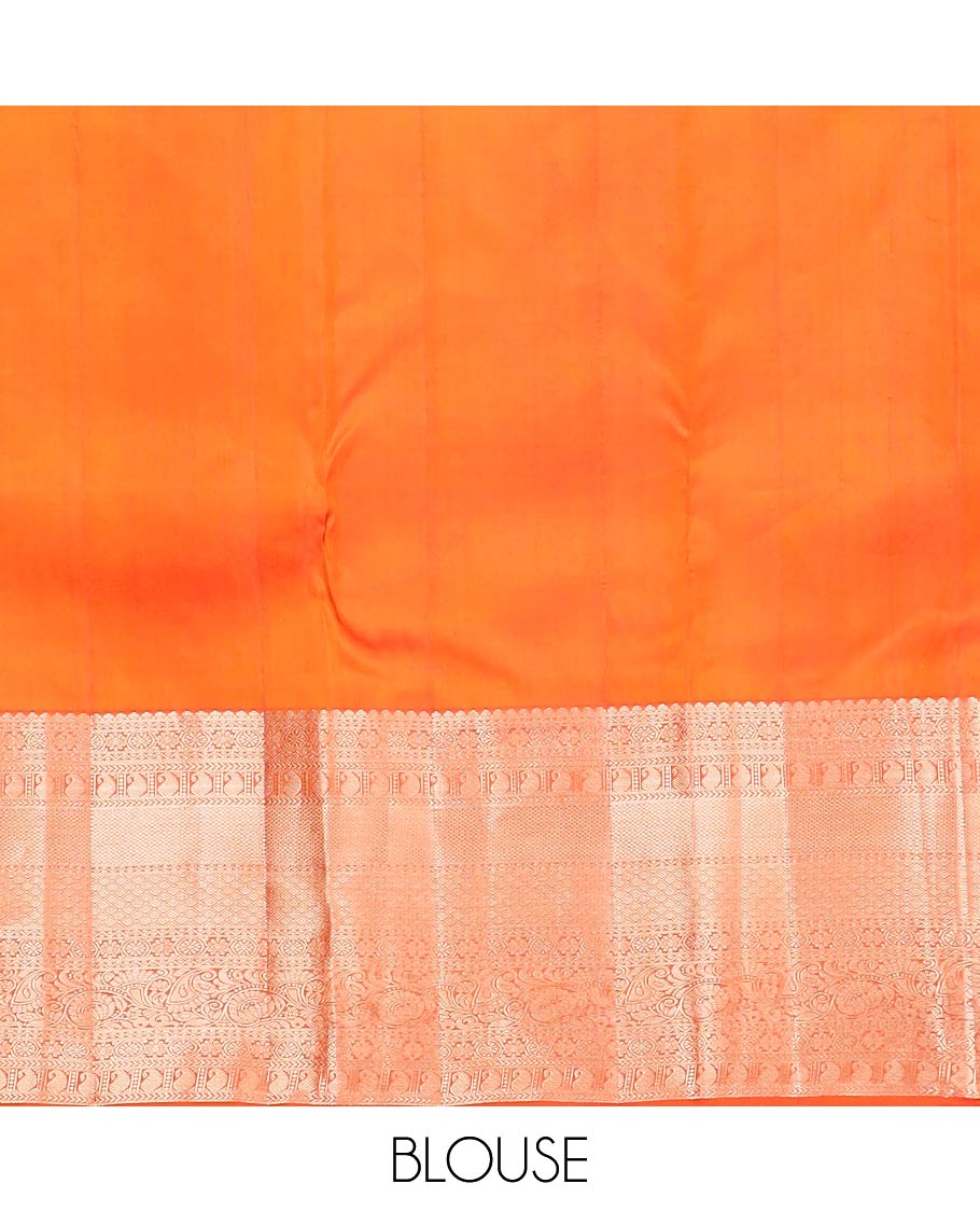 Orange zari buttas Kanchipuram wedding silk saree, zari border of thilakam mokku, chakram, kathir, manga, kuyil kann, jaal ,and zari designs, and intricate pallu - Image 6