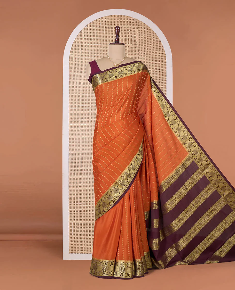 Orange zari buttas Mysore silk saree, contrast peacock chakram zari buttas border, and pallu steeped with traditional designs - Image 2