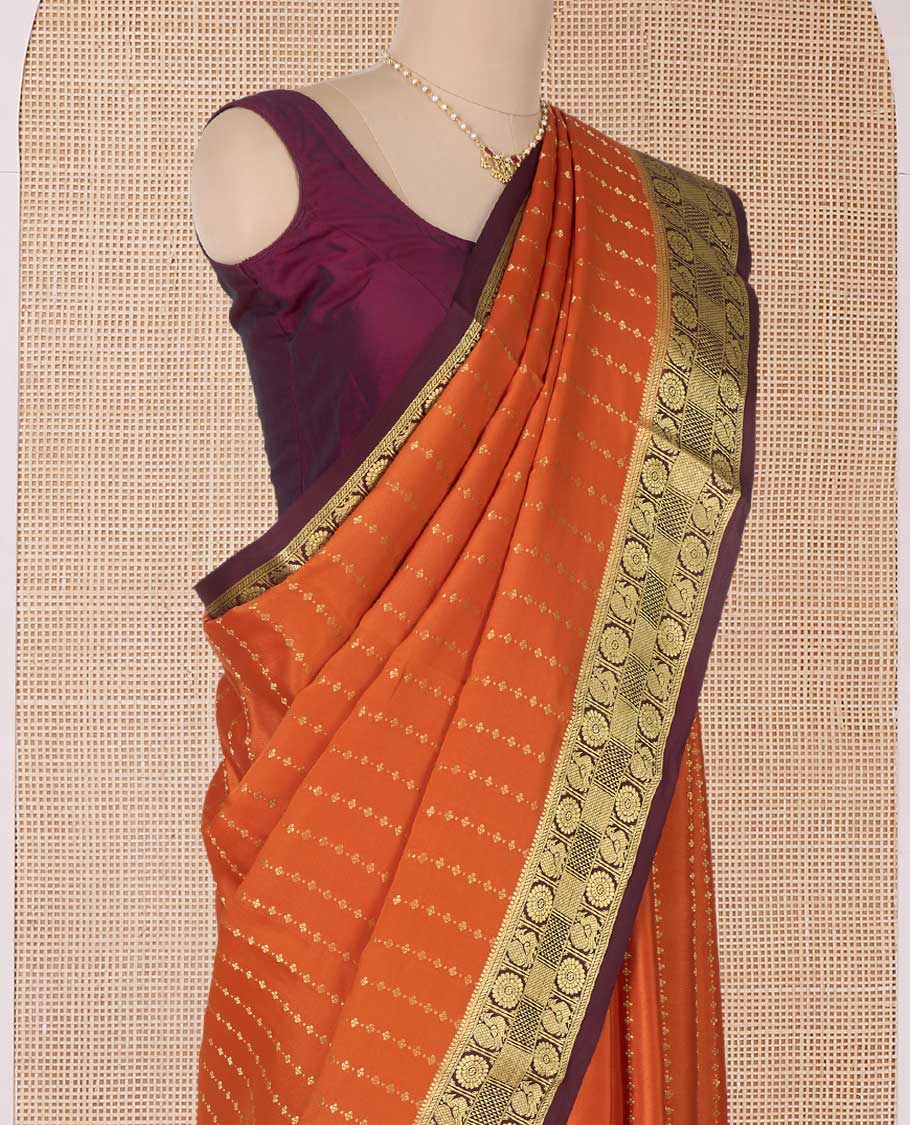 Orange zari buttas Mysore silk saree, contrast peacock chakram zari buttas border, and pallu steeped with traditional designs - Image 3
