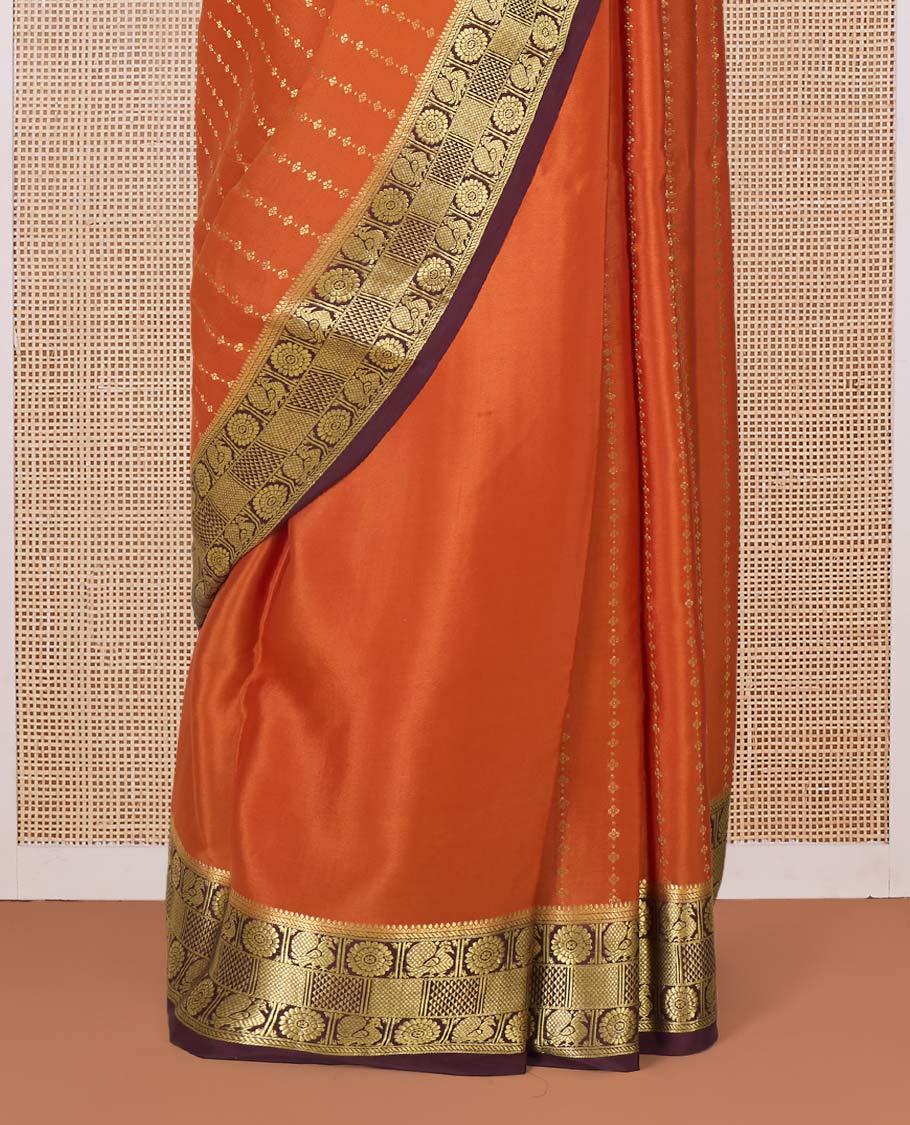 Orange zari buttas Mysore silk saree, contrast peacock chakram zari buttas border, and pallu steeped with traditional designs - Image 4