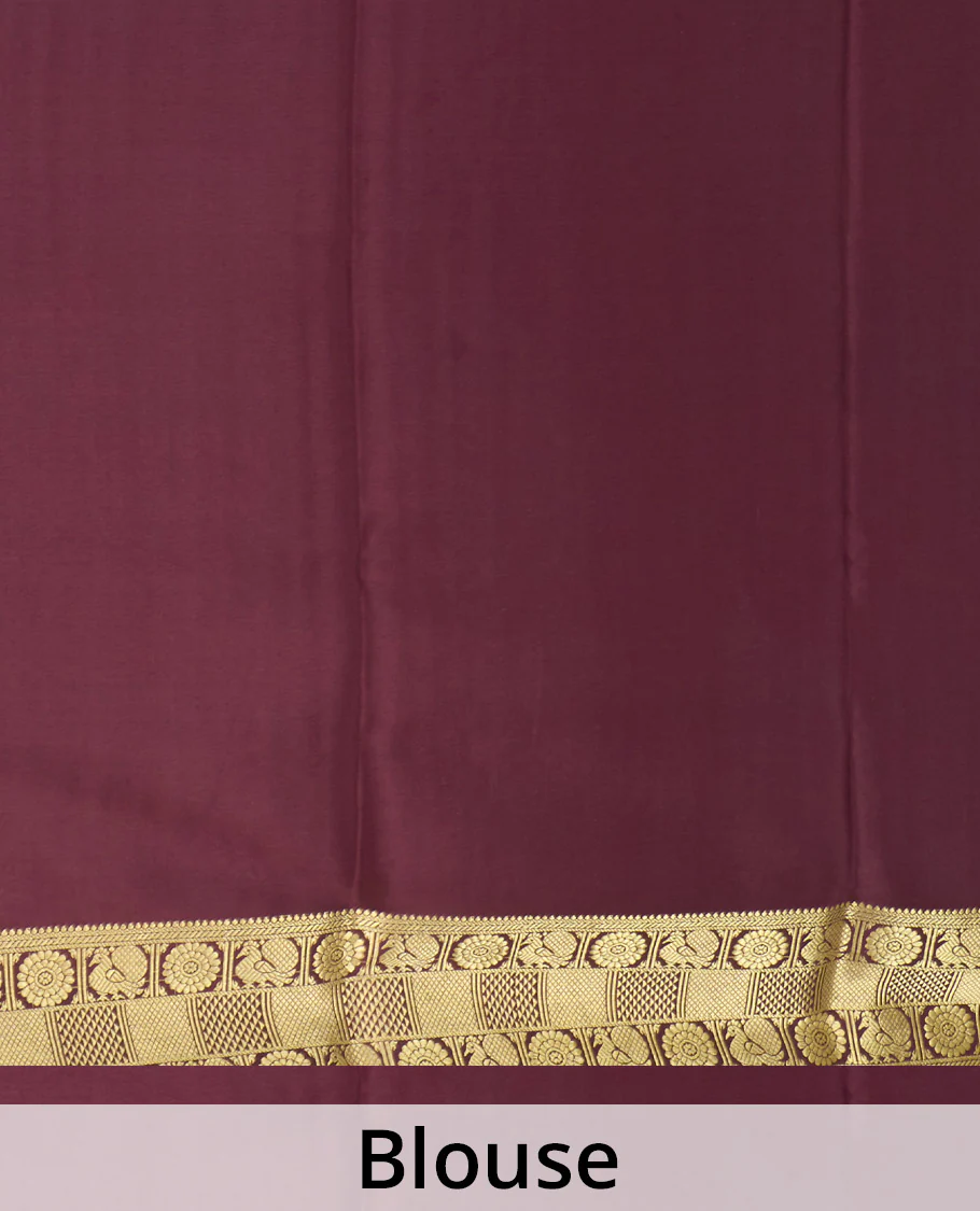 Orange zari buttas Mysore silk saree, contrast peacock chakram zari buttas border, and pallu steeped with traditional designs - Image 5